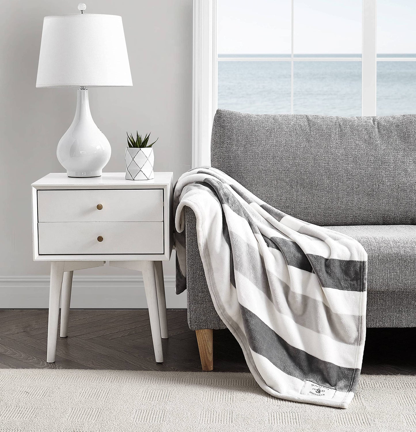 Nautica - Throw Blanket Super Soft & Cozy Fleece Bedding Dorm Room Essentials (Awning Stripe Grey Throw)