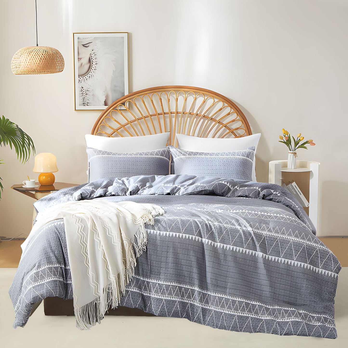 Boho Aztec Comforter Set for King Size Bed Shabby Chic Boho Grey Comforter Set King All Season Geometric Aztec Boho Comforter with 2 Pillowcases Farmhouse Aztec Bedding Set King