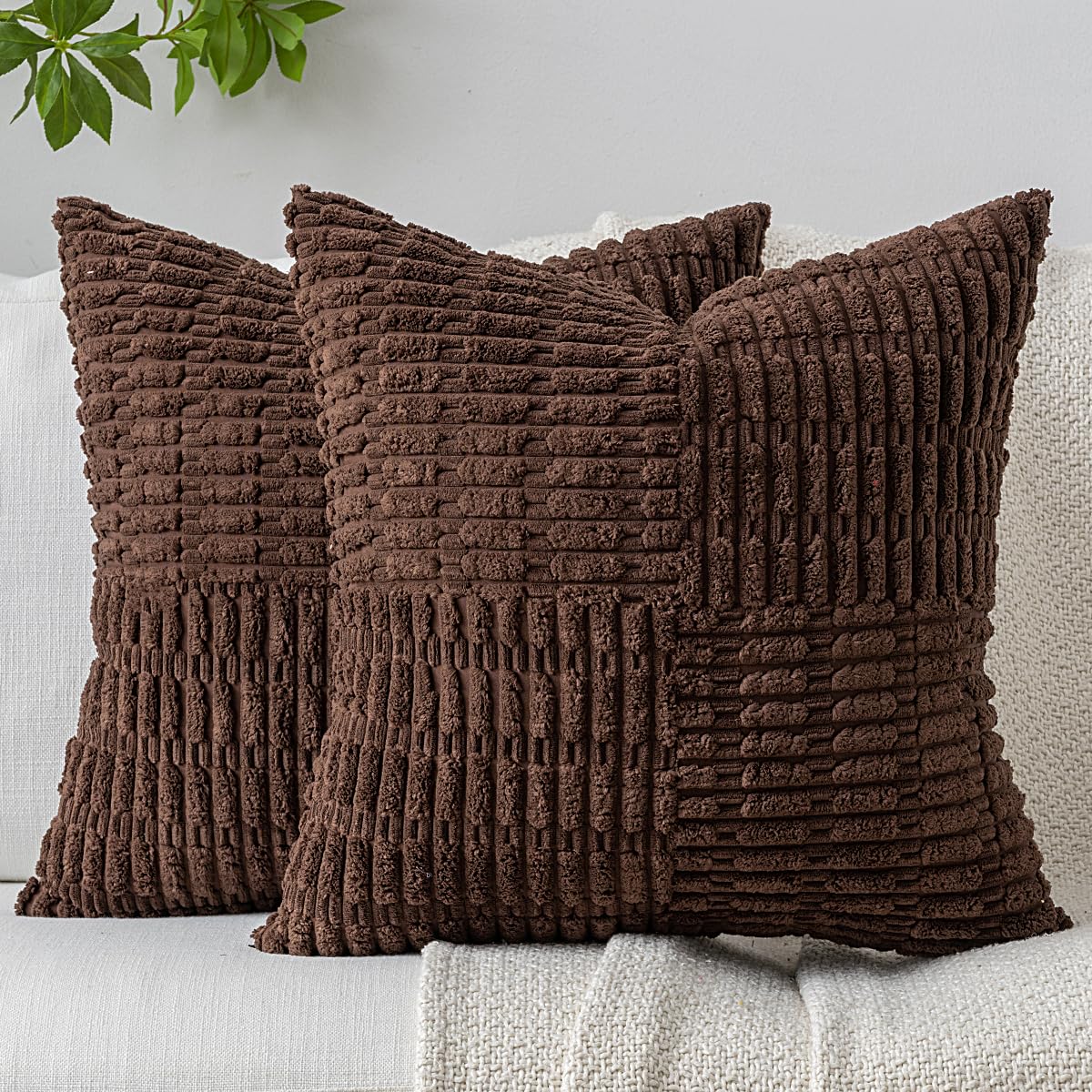DEZENE Patchwork Throw Pillow Covers Set of 2 Striped Soft Corduroy Square Decorative Couch Pillow Cases Boho Accent Farmhouse Home Decor for Bed Sofa Living Room Brown 18x18-Inch