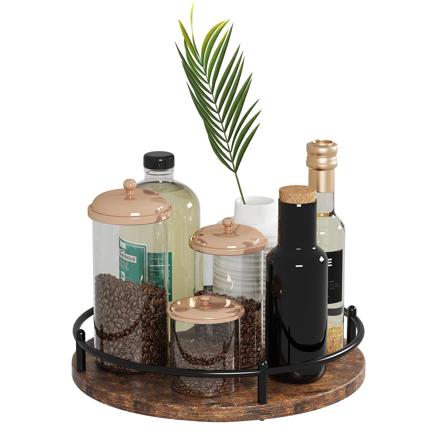 KOKSTOP Lazy Susan Organizer:9 Inch Rotating Spice Rack for Kitchen Countertop Round Wooden Turntable Holder for Cabinet Dining Table Cupboard Storage – Black
