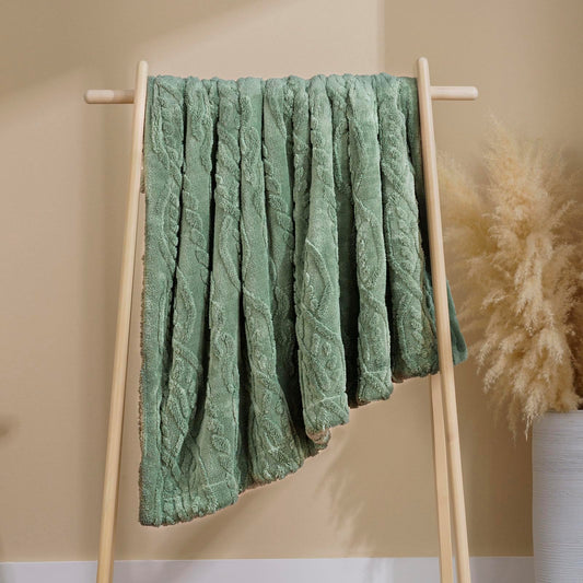 EVERGRACE Classic Cable Jacquard Sherpa Fleece Throw Blanket for Couch Soft Cozy Fuzzy Plush Blankets for All Seasons Reversible Thick Warm Blanket for Bed Sofa Living Room Sage Green 50" x 60"