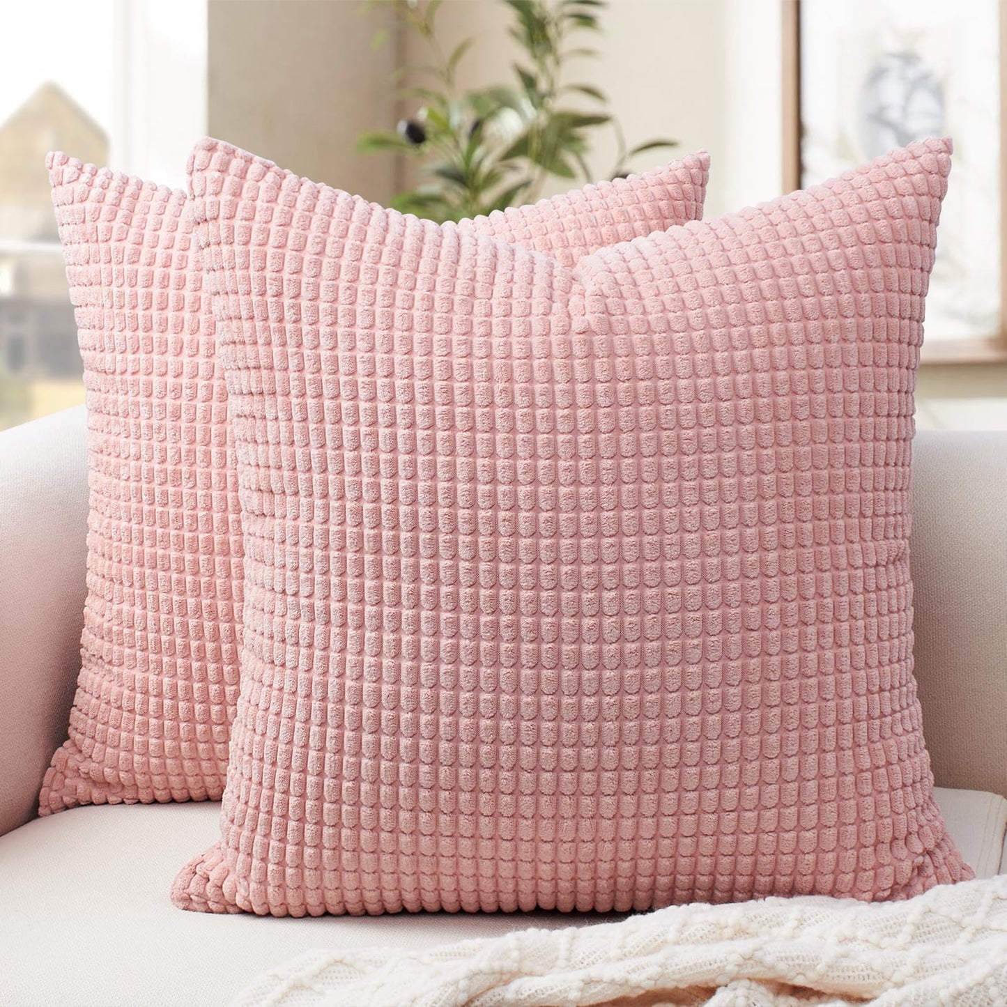 Softalker Throw Pillow Covers 16x16 Set of 2 Soft Corduroy Boho Stripe Decorative Spring Pillow Cover Couch Fluffy Pillow Cover for Farmhouse Home Decor Bed Living Room Pink
