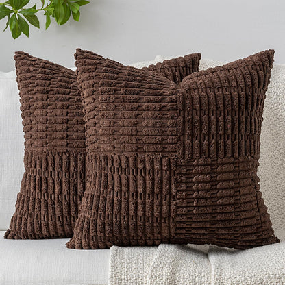 DEZENE Patchwork Throw Pillow Covers Set of 2 Striped Soft Corduroy Square Decorative Couch Pillow Cases Boho Accent Farmhouse Home Decor for Bed Sofa Living Room Brown 18x18-Inch