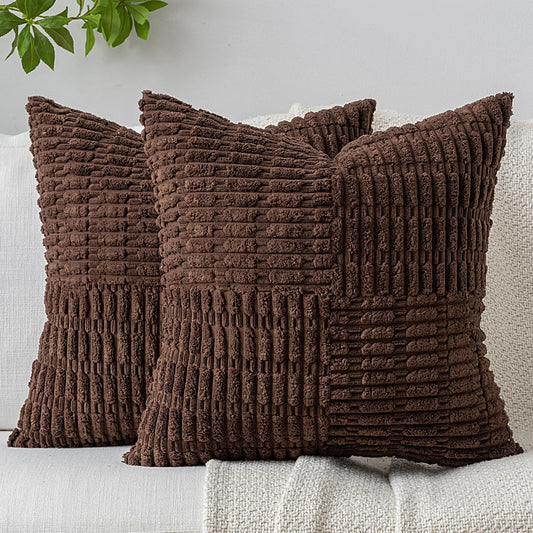 DEZENE Patchwork Throw Pillow Covers Set of 2 Striped Soft Corduroy Square Decorative Couch Pillow Cases Boho Accent Farmhouse Home Decor for Bed Sofa Living Room Brown 18x18-Inch
