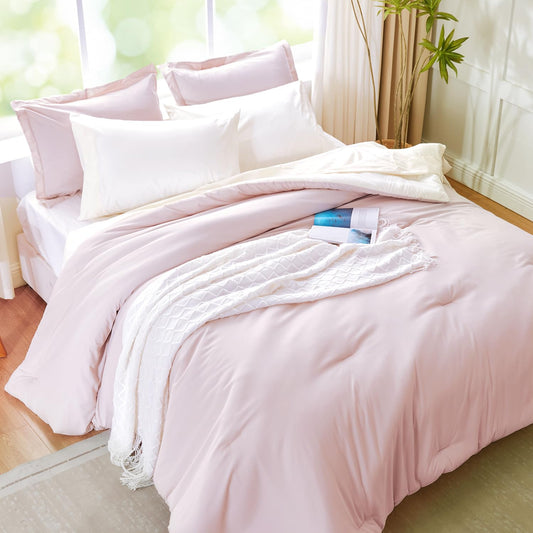 Kozyhvn Pink Comforter Set Queen Pink and White Bedding Set Reversible 7 Pieces Soft Bed in a Bag Queen with Comforter Sheets Pillowcases & Shams All Seasons Boho Queen Bed Set