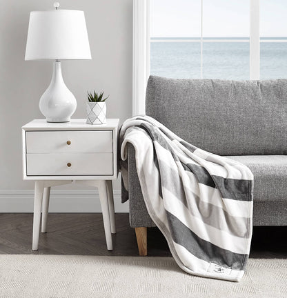 Nautica - Throw Blanket Super Soft & Cozy Fleece Bedding Dorm Room Essentials (Awning Stripe Grey Throw)
