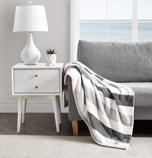 Nautica - Throw Blanket Super Soft & Cozy Fleece Bedding Dorm Room Essentials (Awning Stripe Grey Throw)