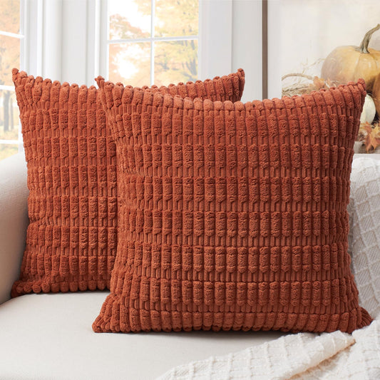 Softalker Fall Throw Pillow Covers 18x18 Inch Set of 2 Corduroy Soft Striped Farmhouse Boho Pillow Cover Modern Decorative Cushion Pillow Case for Couch Sofa Bedroom Living Room(Burnt Orange)