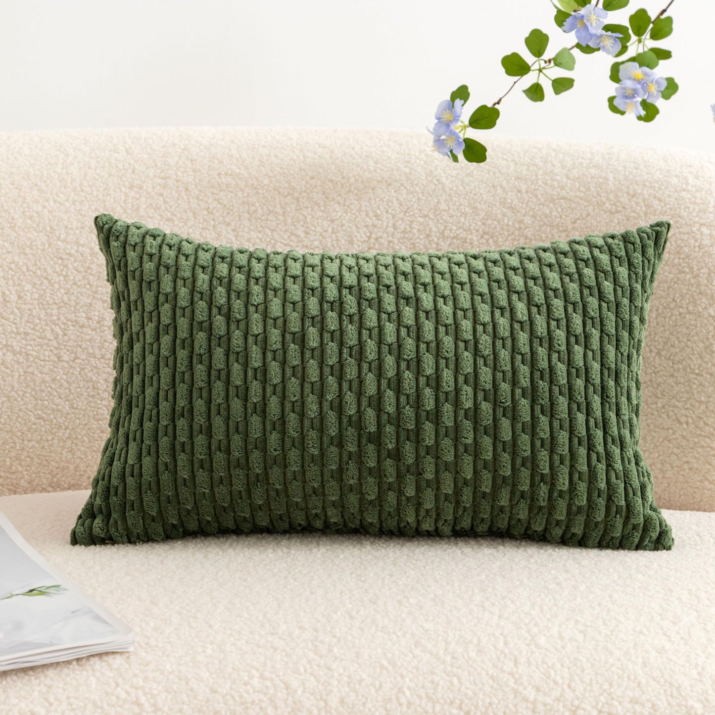 UGASA Soft Corduroy Decorative Pillow Cover 12x20 Inch Boho Striped Oblong Throw Pillow Cover Rectangle Lumbar Modern Home Decor for Sofa Living Room Couch Bed Moss Green 1 Piece