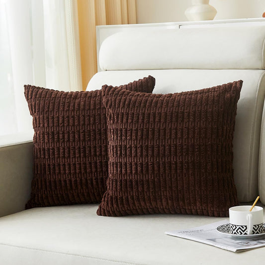 Sunday Praise 2 Packs Dark Brown Decorative Throw Pillow Covers 18x18 Inch Soft Corduroy Striped Boho Pillow Cases Square Cushion Covers for Couch Sofa Bed Farmhouse Home Décor