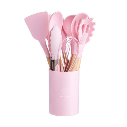 Kevcshop Deluxe 12-Piece Silicone Kitchen Utensils Set with Durable Cooking Tools - Heat Resistant Nonstick Cookware Essentials Includes Spoon Spatula Ladle and Utensil Set Holder (Pink) KC0001