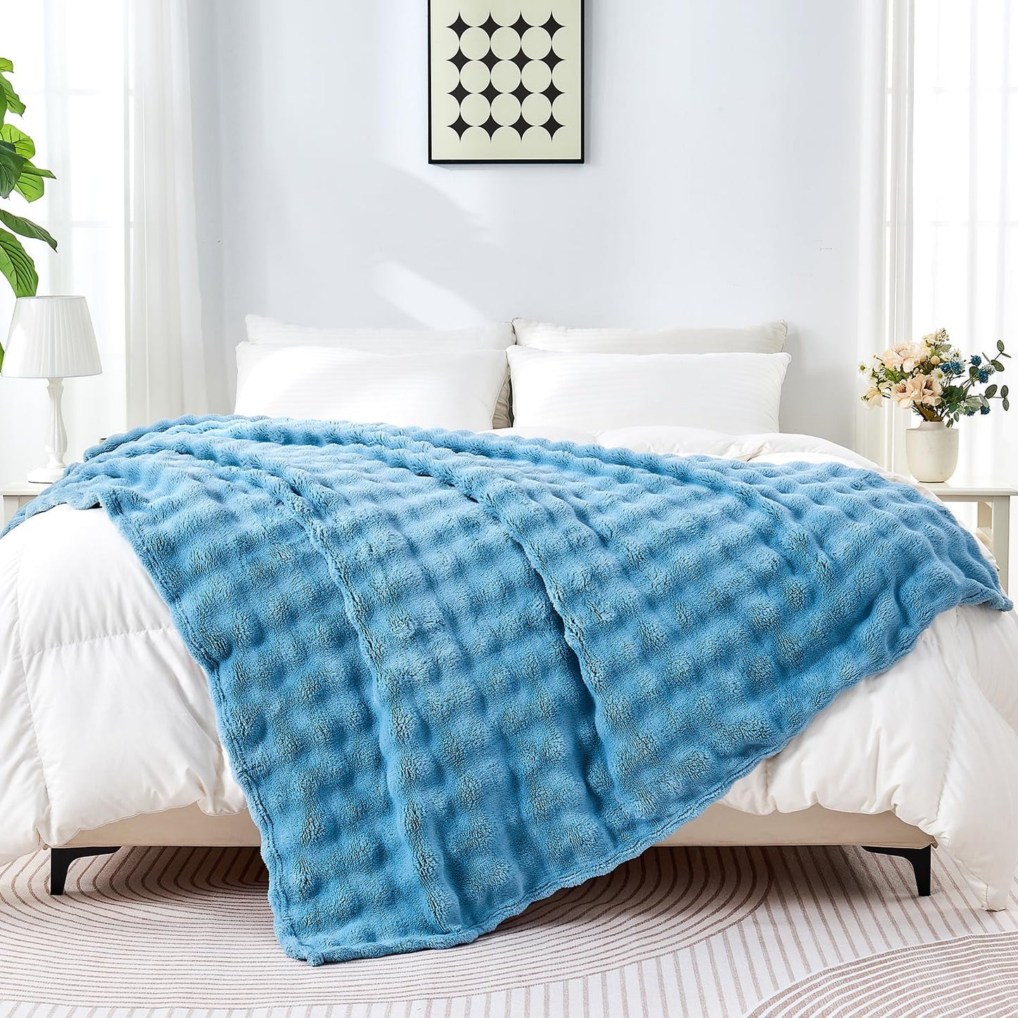 Wajade Soft Fleece Throw Blanket for Couch 90x106 Inches 3D Bubble Decorative Cozy Fuzzy Flannel Blanket Lightweight Warm Blanket for Bed Office Blue