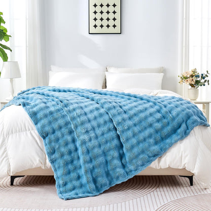 Wajade Soft Fleece Throw Blanket for Couch 90x106 Inches 3D Bubble Decorative Cozy Fuzzy Flannel Blanket Lightweight Warm Blanket for Bed Office Blue