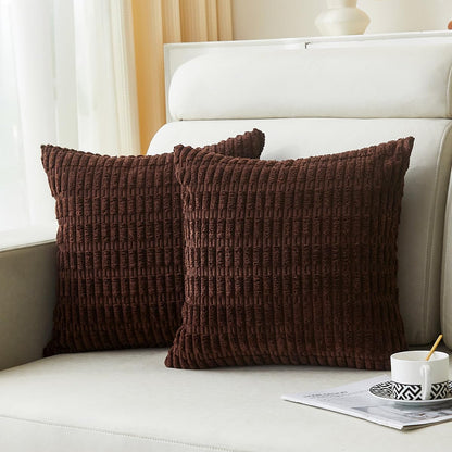 Sunday Praise 2 Packs Dark Brown Decorative Throw Pillow Covers 18x18 Inch Soft Corduroy Striped Boho Pillow Cases Square Cushion Covers for Couch Sofa Bed Farmhouse Home Décor