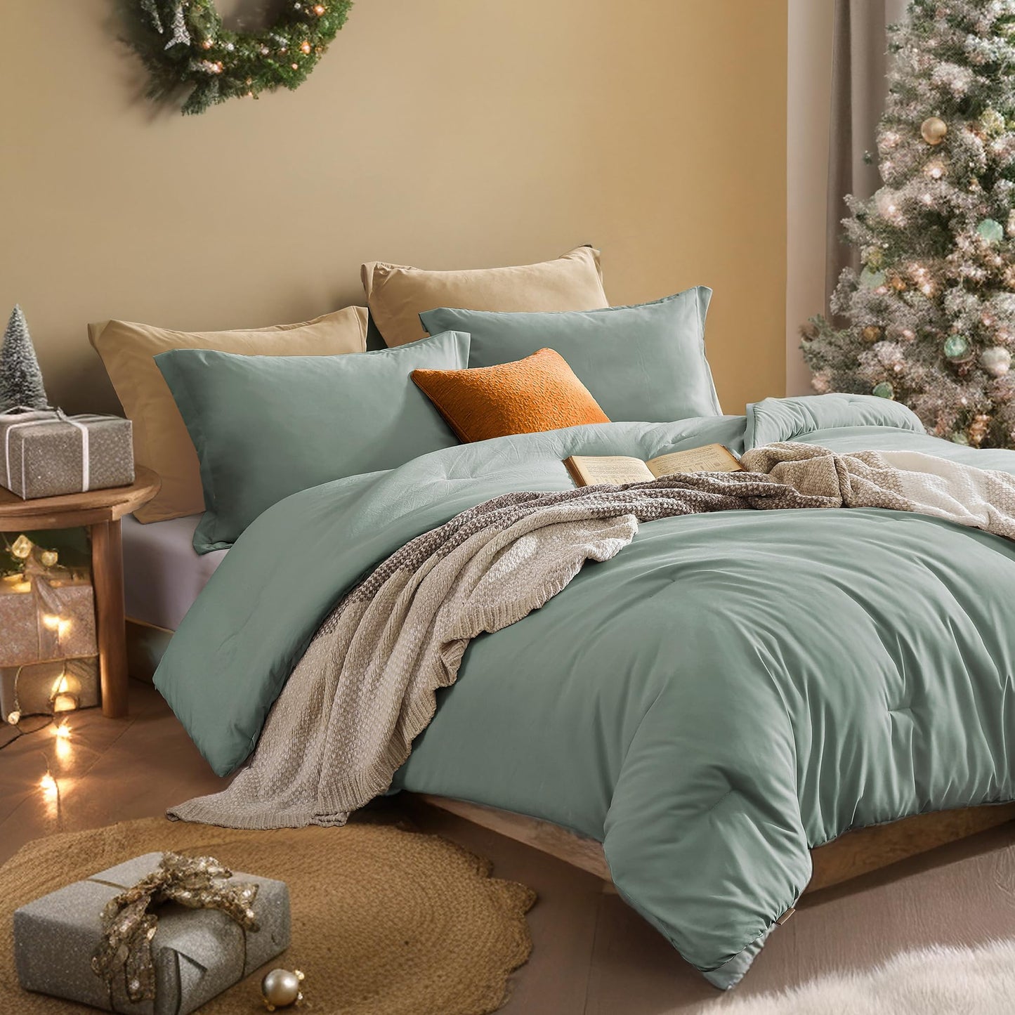 AMBERSPACE Boho King Comforter Set Sage Green King Size Bed Set 3 Piece Microsuede-Like King Bedding Set Fluffy Comforter Sets for Bedroom (Sage Green102"*90"King)