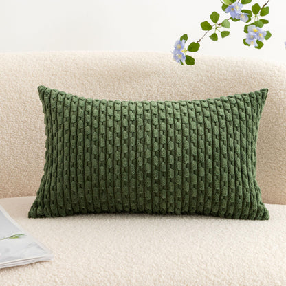 UGASA Soft Corduroy Decorative Pillow Cover 12x20 Inch Boho Striped Oblong Throw Pillow Cover Rectangle Lumbar Modern Home Decor for Sofa Living Room Couch Bed Moss Green 1 Piece