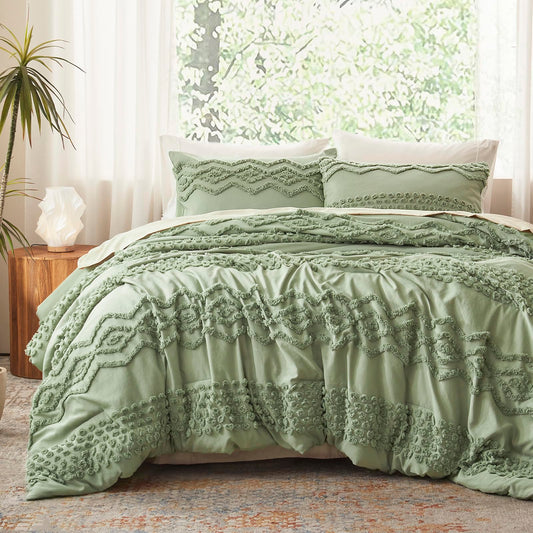 Luxudecor Sage Green Tufted Comforter Set Queen Size 3 Pieces Boho Shabby Chic Comforter Farmhouse Embroidery Bedding Set Soft Comforter for All Seasons (Sage Green 90x90)