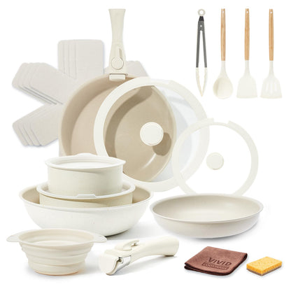 VIVIDCOOKWARE 22pcs Pots and Pans Set Non Stick Ceramic Cookware Set with Detachable Handle Pot Sets for Cooking Nonstick with Collapsible Dish Basin Oven Safe