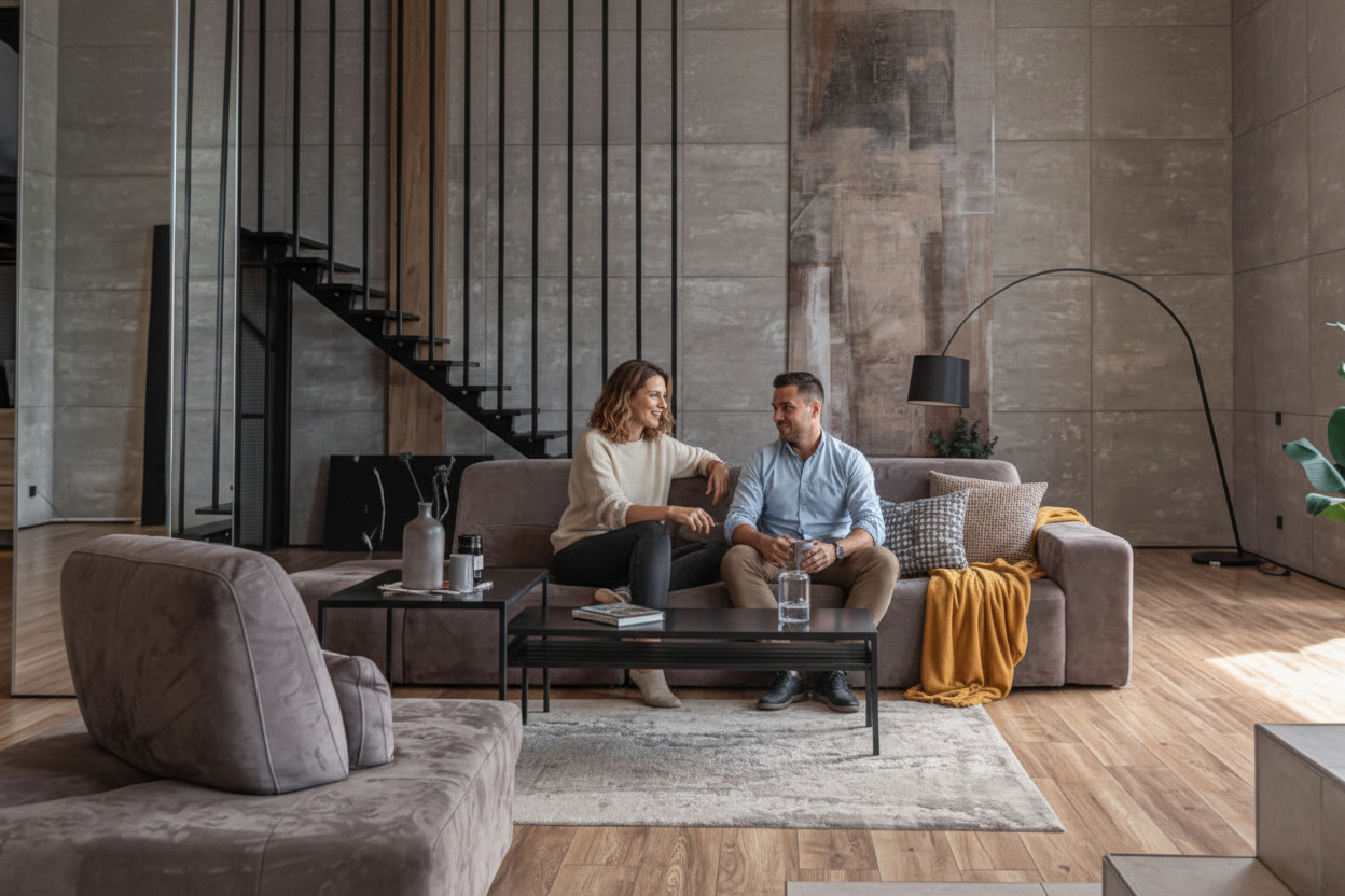 Two people sitting and talking on the couch